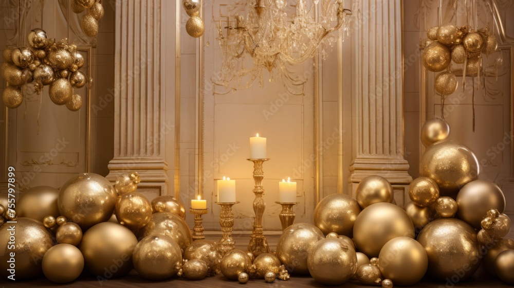 Poster Shimmering gold ornaments on a luxurious christmas backdrop