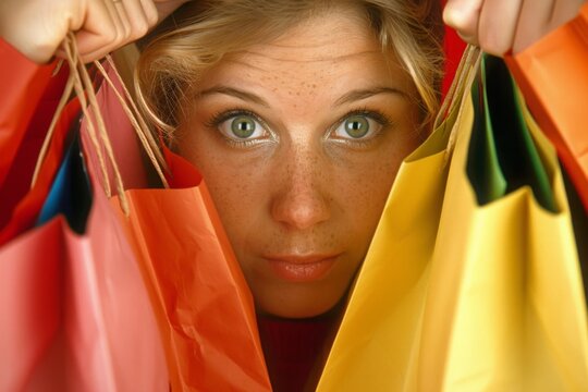 A woman holding shopping bags and looking directly at the camera. This image can be used to portray shopping. consumerism. retail therapy. or fashion.
