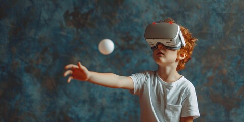 Little redhead boy dressed in a white t-shirt playing ping-pong with a virtual reality glasses. Isolated on dark textured background.