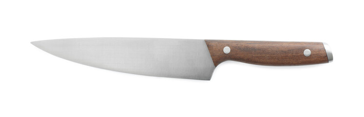 One sharp knife with wooden handle isolated on white, top view