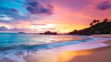Tranquil beach scene with a breathtaking sunset reflecting on the water