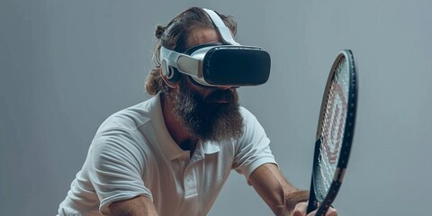 Man with beard in VR glasses, grey background. Hipster on concentrated face use modern technology for sport games. Virtual tennis concept. Guy with VR glasses play tennis with racket and ball. - obrazy, fototapety, plakaty