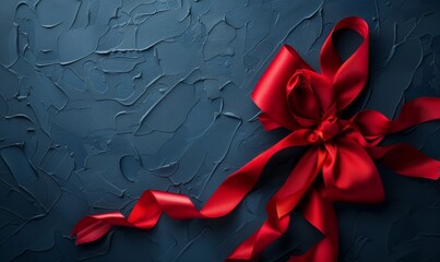 Set against a dark blue background, a striking big red ribbon commands attention, offering a clear area for adding textual elements. - obrazy, fototapety, plakaty