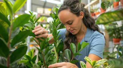 Obraz premium Plant in an indoors setting, bright, beautiful, being tended to by a beautiful young woman