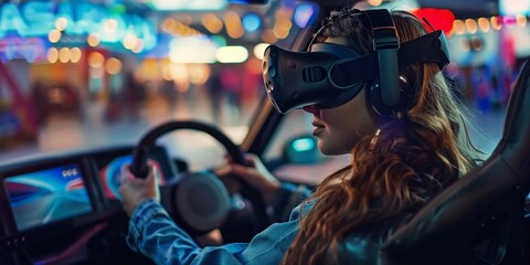 Business woman in the VR googles sitting in the car and turning the steering wheel in a car. Having fun and playing games with augmented reality - obrazy, fototapety, plakaty