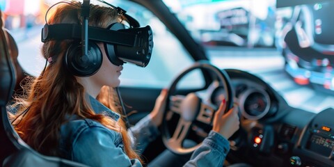 Business woman in the VR googles sitting in the car and turning the steering wheel in a car. Having fun and playing games with augmented reality - obrazy, fototapety, plakaty
