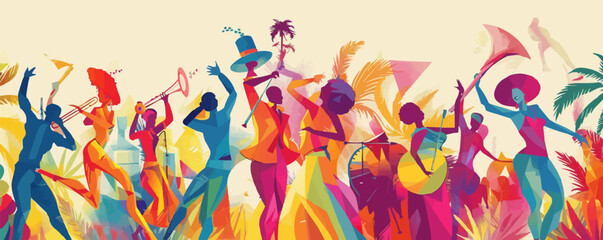 Naklejka premium Brazilian carnival and festival! Vector abstract holiday illustration with people, dancers and musicians. Party drawing for poster