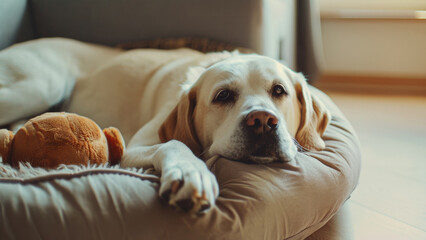 Serene golden retriever lounging on a comfy bed with its favorite stuffed toy.