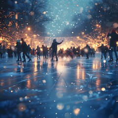 Ice Skating Rink Background: Glistening ice, swirling snowflakes, and the sound of blades gliding create a festive atmosphere at an ice skating rink.