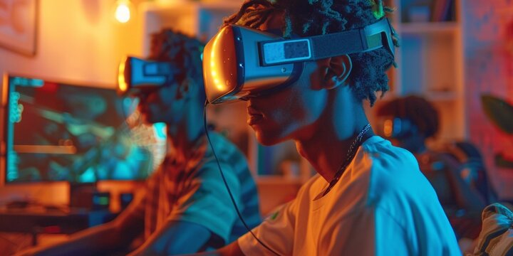 Young friends playing video games wearing virtual reality glasses in their apartment
