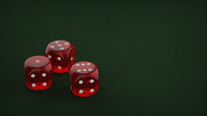 Playing dice on a green gaming table. Playing a game with dice. Red casino dice rolls. 