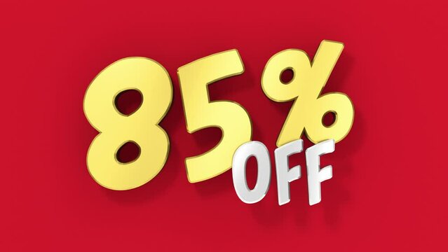 Gold 85% off special offer on red background. Golden tag 80% off sale discount loop animation. Sale up to eighty five percent off special offer animation.