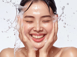 a pretty Asian woman poses for a picture of face washing, smiling. He has a healthy skin. In the style of beauty advertising.