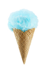 Sweet cotton candy in waffle cone isolated on white