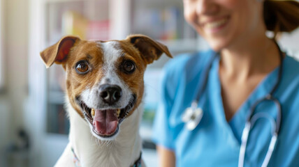 Happy dog with a beaming smile enjoys attention from a veterinary professional in a clinic.