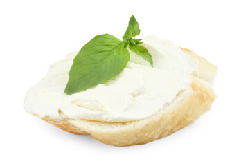 Bruschetta with cream cheese and basil leaves isolated on white