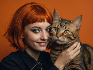 portrait of pretty young woman with red hair and a fluffy furry cat in her arms