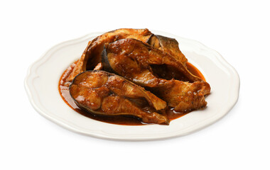 Tasty fish curry on white background. Indian cuisine