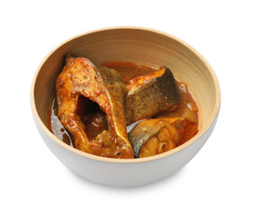 Tasty fish curry on white background. Indian cuisine