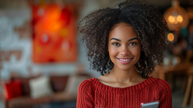 Black Woman Holding A Mobile Phone .