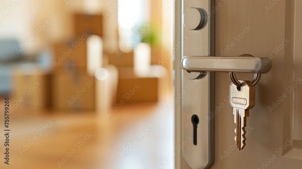 Poster key in the door lock in front of an open apartment with moving boxes