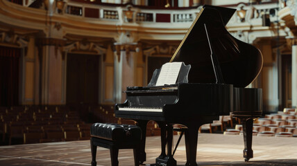 Grand piano takes center stage in an opulent concert hall, anticipation in the stillness.