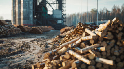 Fototapeta na wymiar Sunlight casts shadows across a timber logging site, hinting at industrial activity.