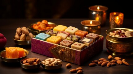Fototapeta na wymiar Diwali sweets and mithai in decorative boxes