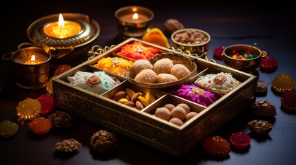 Diwali sweets and treats in a decorative box