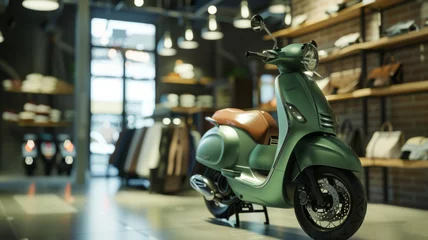 Tuinposter Vintage scooter parked inside a stylish urban boutique with warm lighting. © VK Studio
