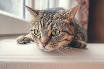 Funny and cute portrait of a domestic tabby cat at home