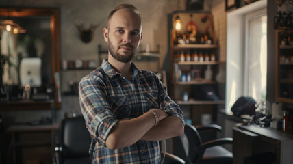 Confident barber standing arms crossed in a vintage-inspired barbershop with a warm ambiance.