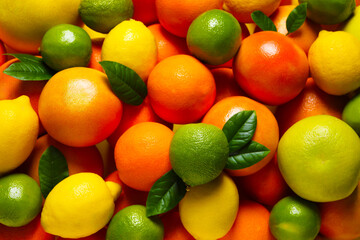 Different fresh citrus fruits and leaves as background, top view