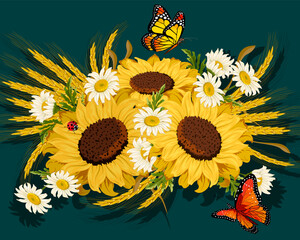 Butterflies on sunflowers illustration.Color vector illustration with bright butterflies and ladybugs on sunflowers and daisies.