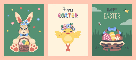 Easter cards set. Greeting posters with decorated eggs in basket, chick, Easter bunny. Funny animals with wishes Happy Easter. Spring holiday, flowers, garden. Clipart. Vector flat illustrations