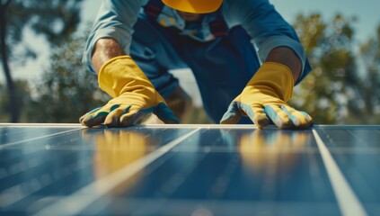A man wearing yellow gloves and a hard hat working on a solar panel roof in the style of an installation Generative AI - obrazy, fototapety, plakaty