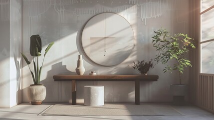 A modern entryway with a large mirror, a minimalist console table, and a few plants. The room is decorated with a neutral color palette and a few abstract paintings. - obrazy, fototapety, plakaty