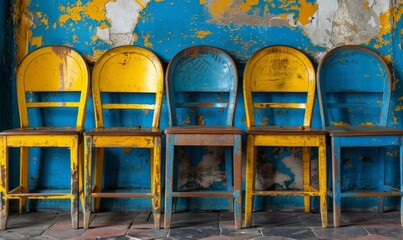 A textured blue wall with peeling paint serves as the backdrop for a row of vibrant yellow and blue wooden chairs, exuding a rustic charm. - obrazy, fototapety, plakaty