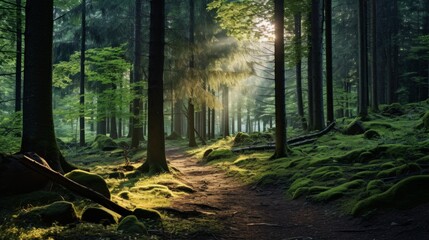 Moody forest with dappled sunlight