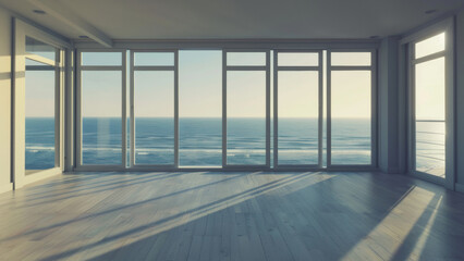 Serene ocean view through floor-to-ceiling windows in an empty room.