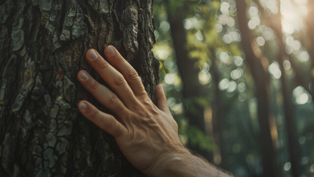 Close-up of a human hand gently touching the trunk of a tree in a serene forest.