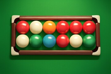 Balls for billiards snooker arranged on a green playing surface