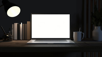 Laptop with a blank screen on a wooden desk, illuminated by a stylish lamp.
