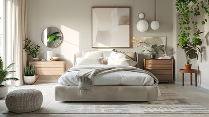 A modern guest bedroom with a large bed, a few plants, and a minimalist dresser. The room is decorated with a soft color palette and a few abstract paintings.