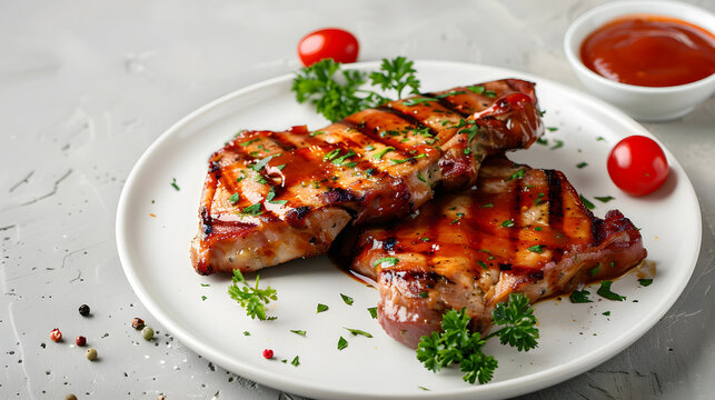 Grilled pork ribs on a plate with sauce