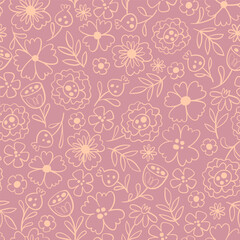 Floral seamless pattern in warm pink tones. Doodle style. Seamless pattern with line art flowers. Vector illustration.