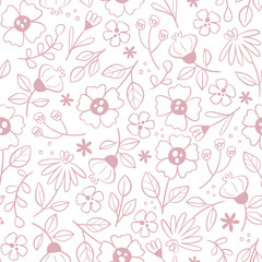 Floral seamless pattern in doodle style. Cute floral seamless pattern with line art flowers isolated on white background. Vector illustration.