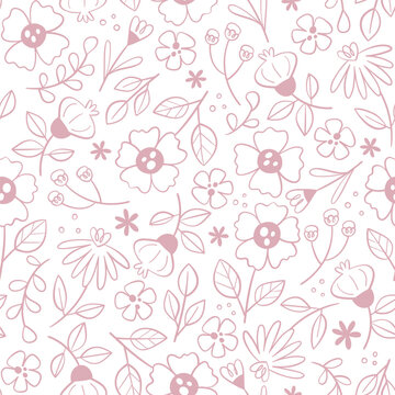Floral seamless pattern in doodle style. Cute floral seamless pattern with line art flowers isolated on white background. Vector illustration.