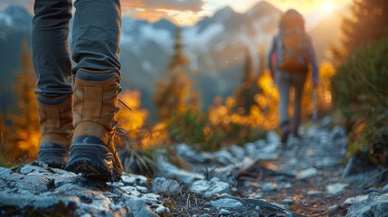 Fototapeta premium A person is walking on a rocky path with a backpack. The person is wearing boots and has a backpack on their back. Concept of adventure and exploration, as the person is hiking through the mountains