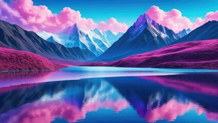 Fototapeta na wymiar Dreamy landscape, shiny reflective surface, merging hues of blue, pink, and purple, textures enhanced for a surreal touch, flowing seamlessly into each other, creating a backdrop for the imagination